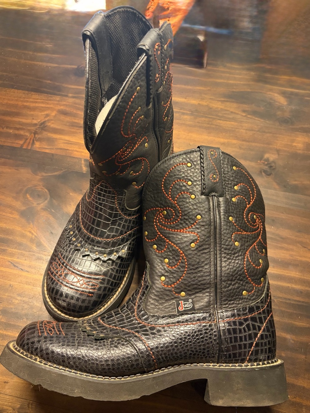 Justin Boots Dark Brown Leather Western Work Boots with Orange Stitching